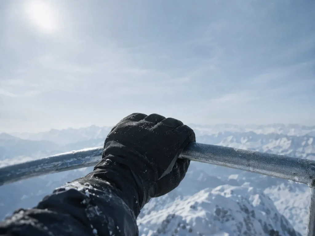 Why hands get cold at high altitude skiing — skier's gloved hand at a high, exposed summit