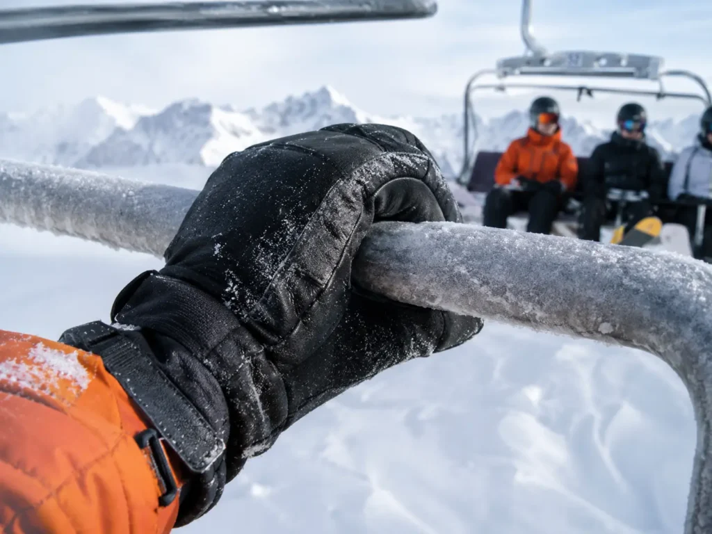 Why ski gloves get damaged on chairlifts — close-up of glove palm gripping a frosted metal safety bar