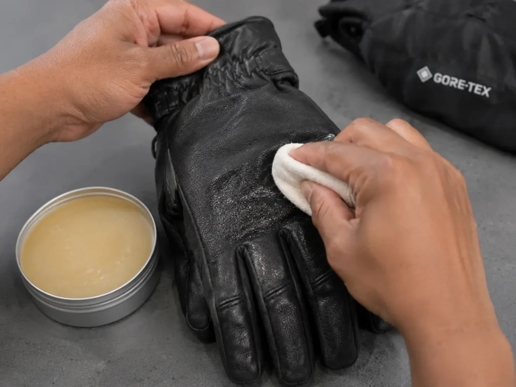 Applying wax conditioner to a leather glove