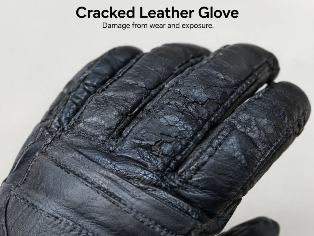 Close-up of cracked, damaged leather glove material
