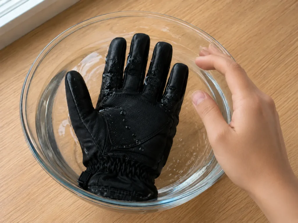 Testing glove water resistance in a bowl of water