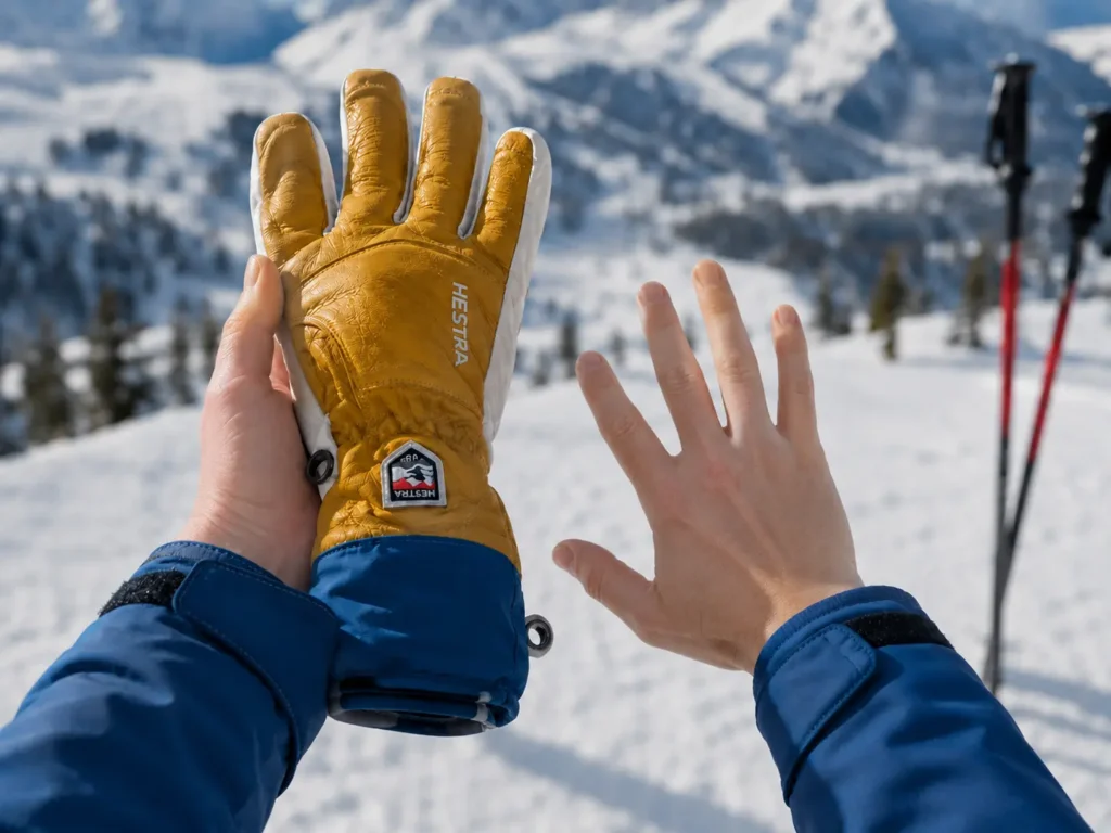Worn-in leather ski glove showing natural creasing at the knuckles