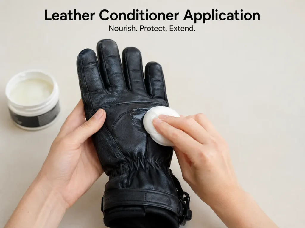 Applying leather conditioner to a glove
