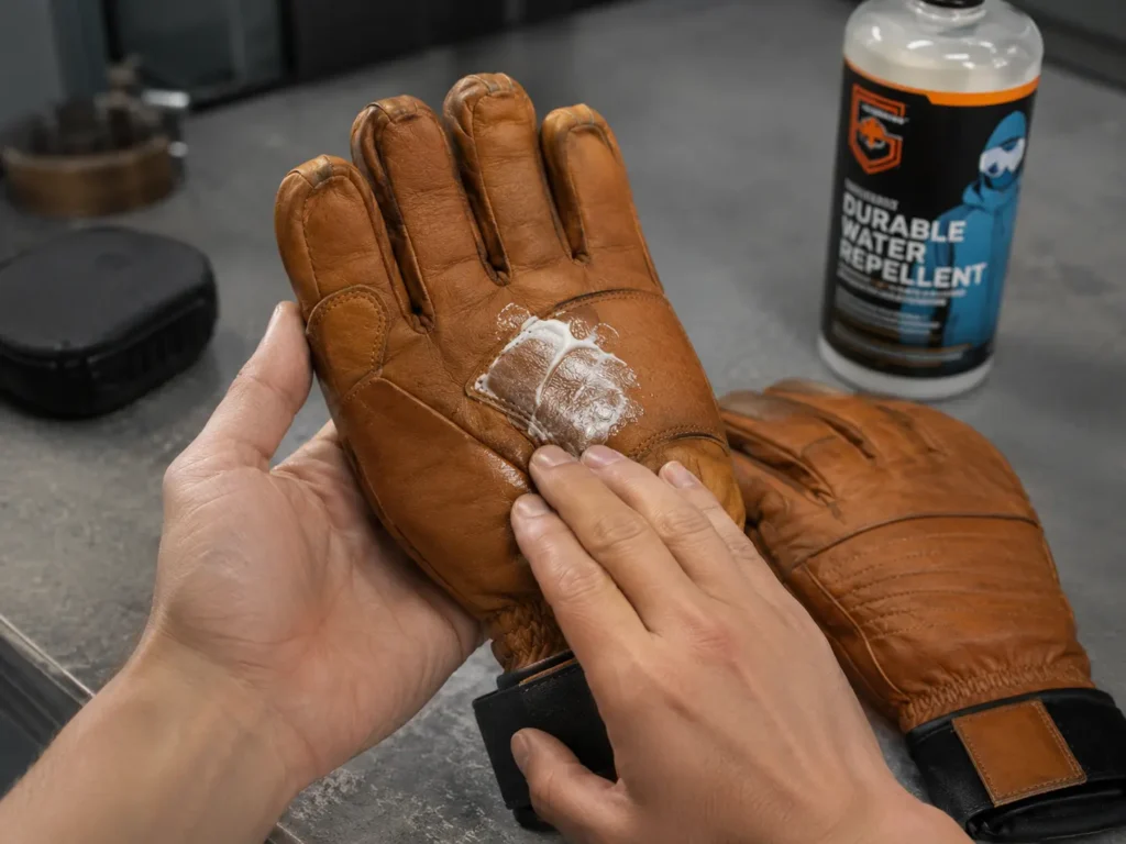 Applying leather conditioner to a glove by hand