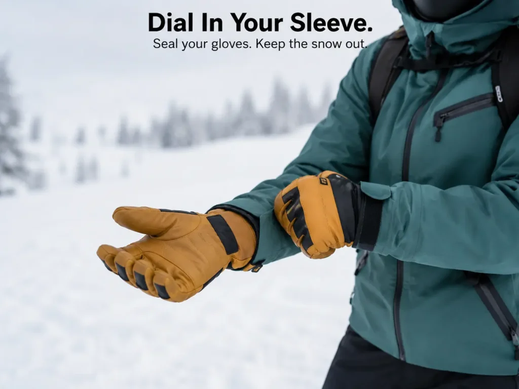 Skier adjusting jacket sleeve and glove layering