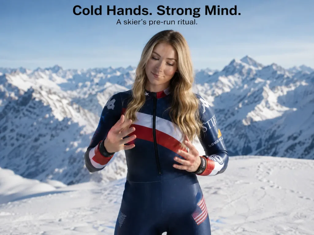 Skier flexing fingers to warm up in cold conditions