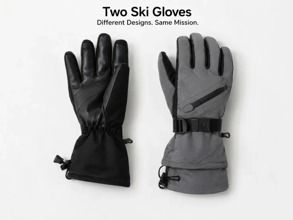 Two ski gloves side by side showing construction difference