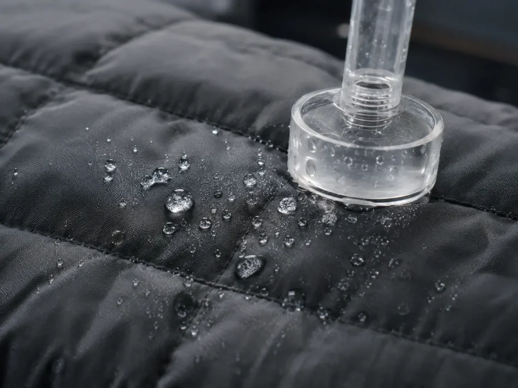 Water testing on waterproof fabric surface