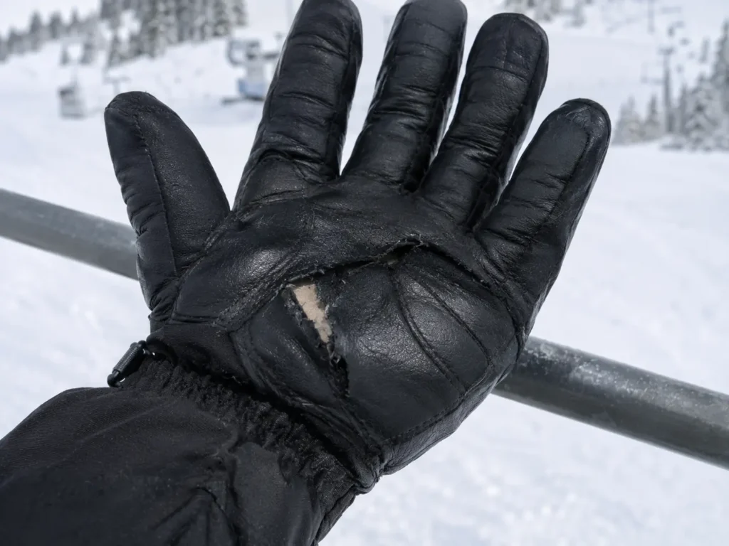 Worn ski glove palm showing visible damage