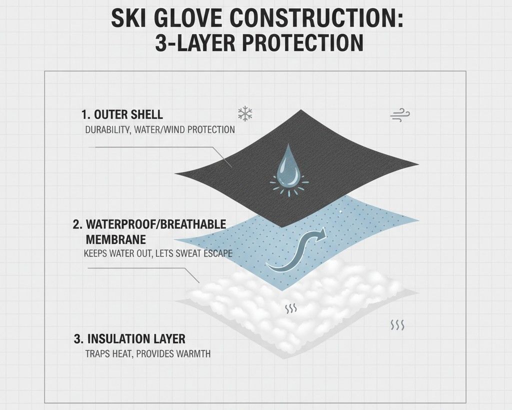 Diagram of ski glove shell materials protecting internal insulation