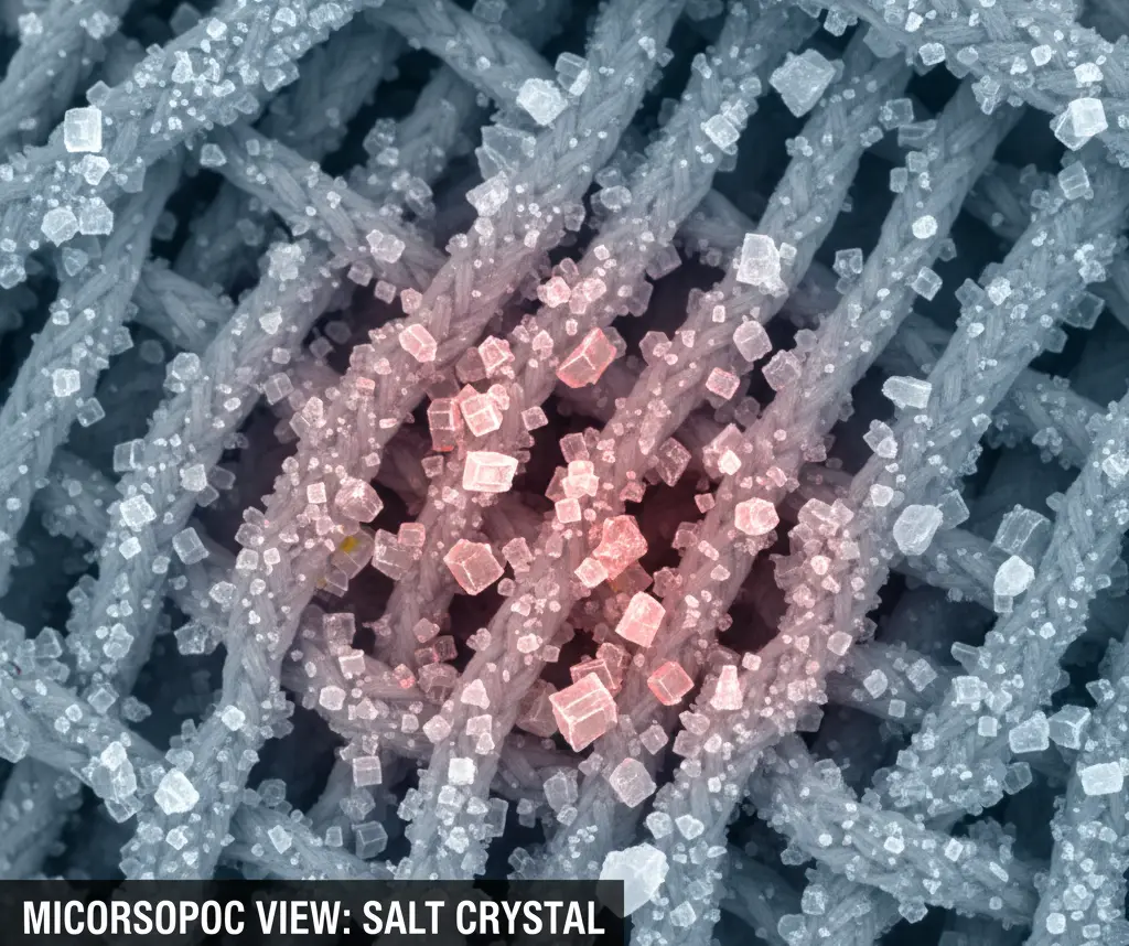 Microscopic view of salt buildup explaining why do ski glove liners cause skin irritation.