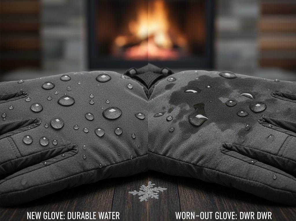 A water bead test showing high-quality ski glove shell materials.