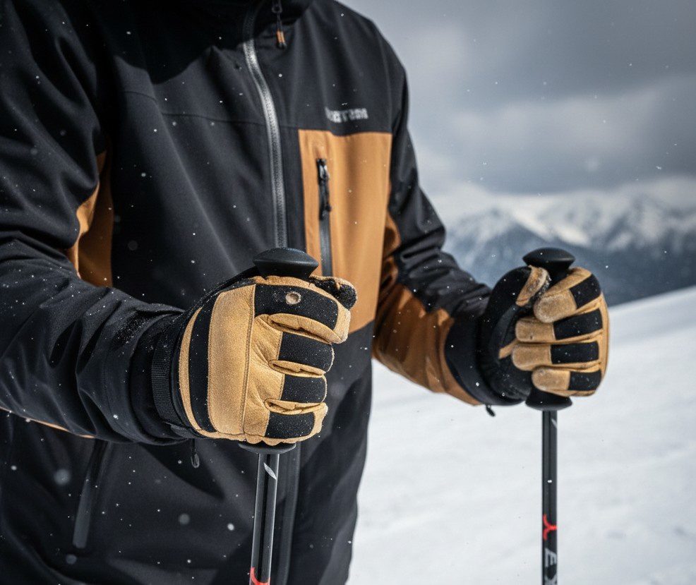 a worn ski glove palm and frayed thumb seam showing why ski gloves wear out so fast due to friction and pole grip pressure