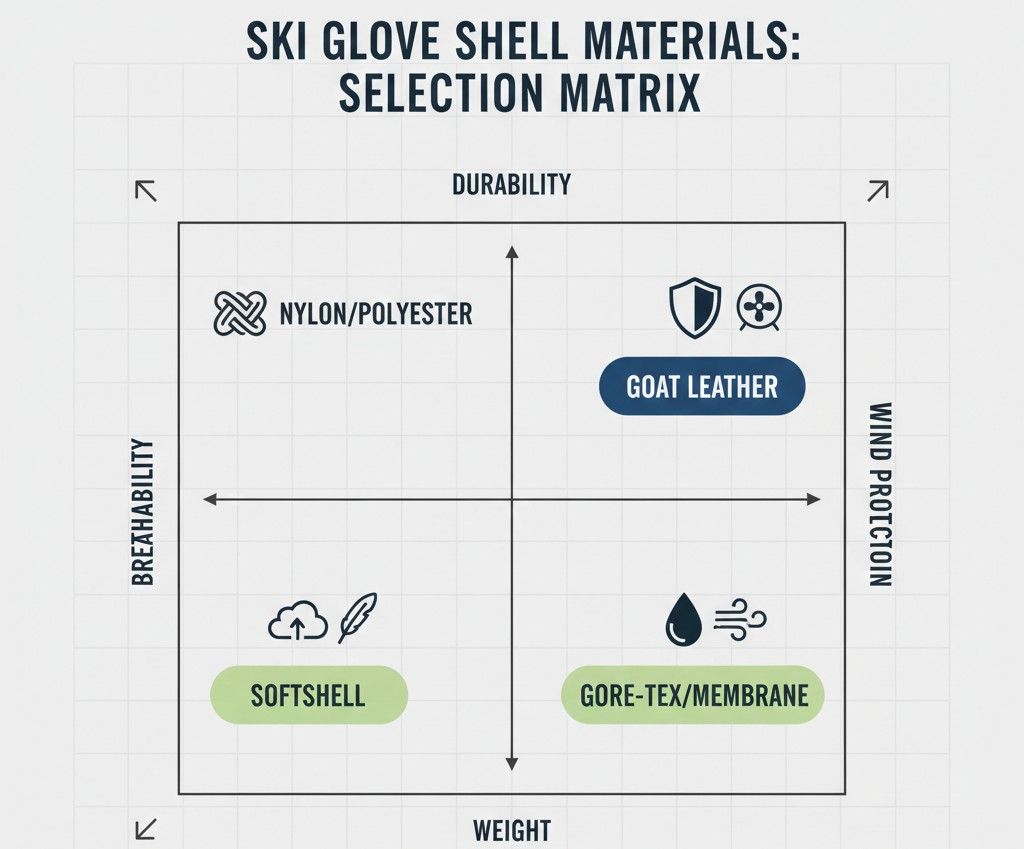 Selection matrix comparing best ski glove shell materials for wind protection and breathability.