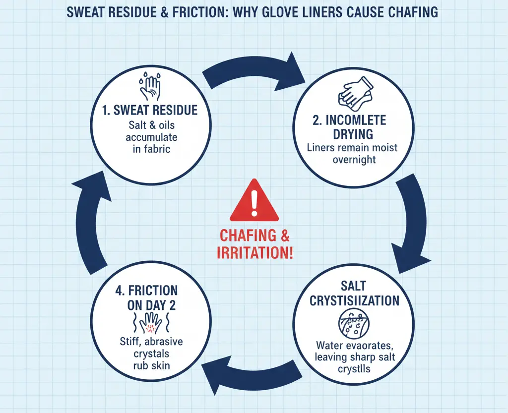 Flowchart showing the 24-hour cycle of why do ski glove liners cause skin irritation.