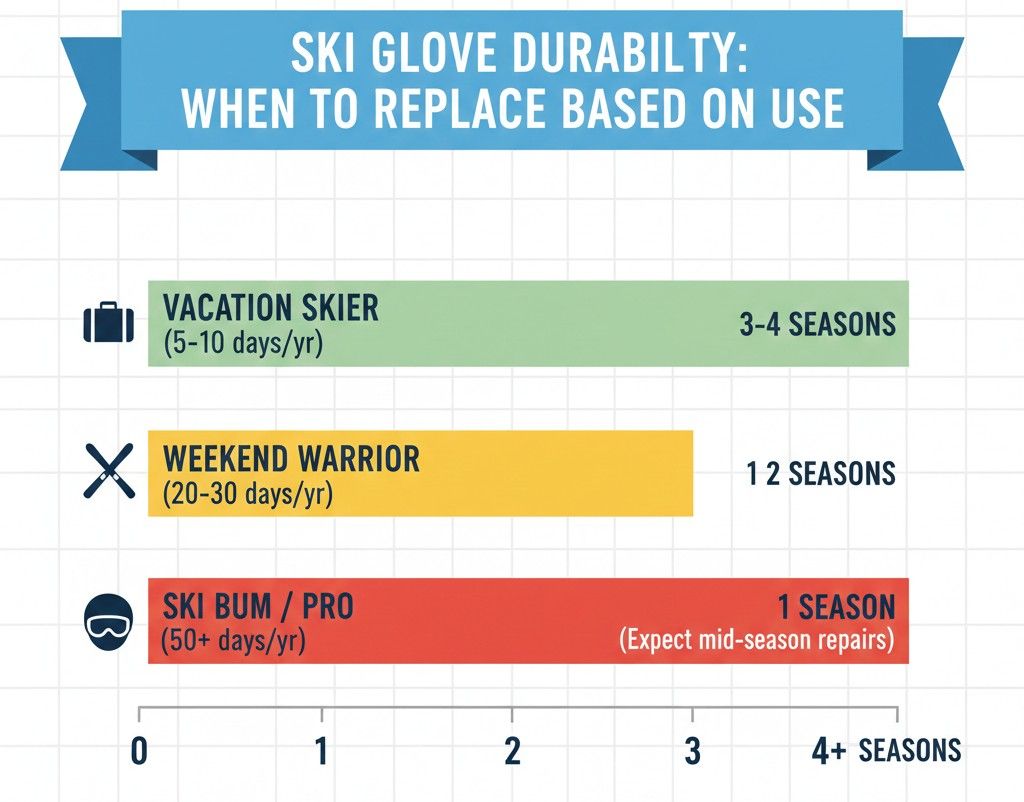 Bar chart showing expected durability for different skier types to explain why ski gloves wear out so fast for frequent users