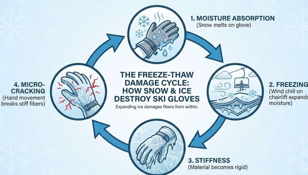  freeze-thaw cycle explaining how snow and ice damage ski gloves by expanding inside the fabric