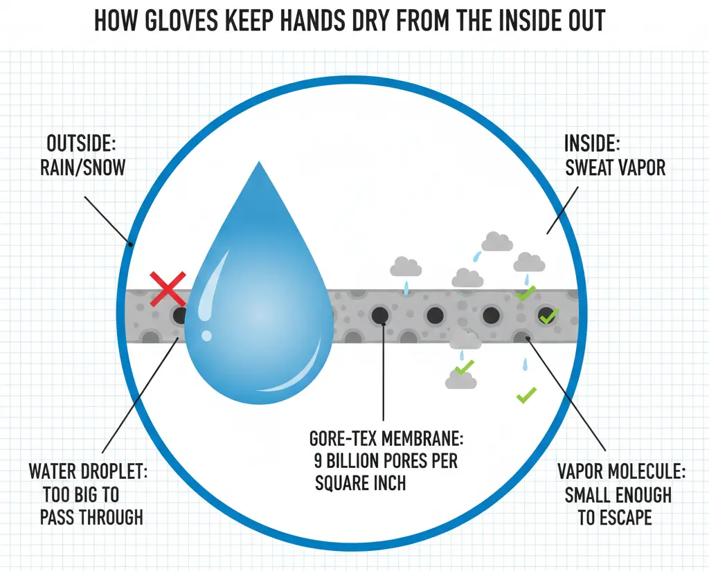 Microscopic pore comparison: how Gore-Tex gloves keep hands dry inside
