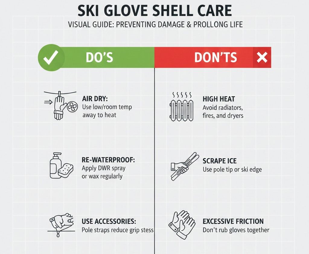 Proper ski glove care to prevent shell damage