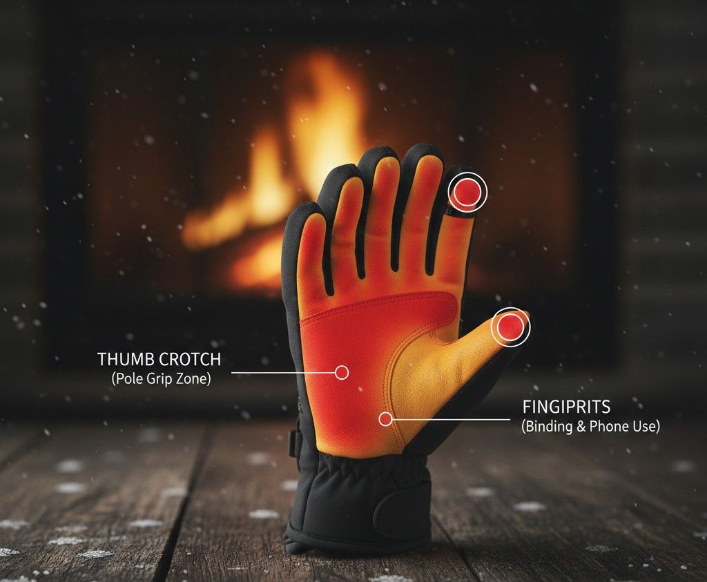 Heat map showing friction wear zones on best ski glove shell materials.