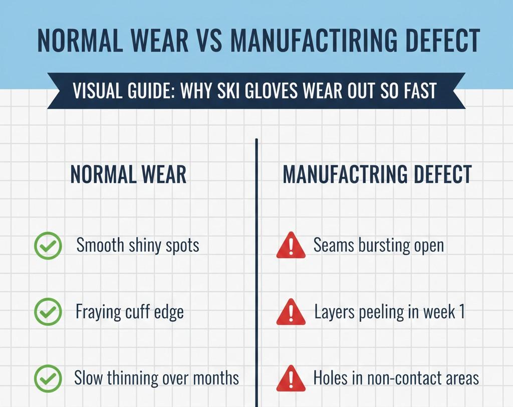 Chart distinguishing between normal wear and manufacturing defects when analyzing why ski gloves wear out so fast
