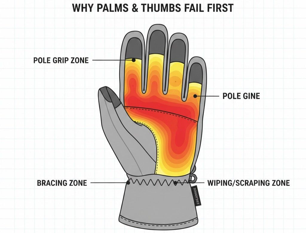 Heat map diagram showing high-stress friction zones that explain why ski gloves wear out so fast in the palm and thumb