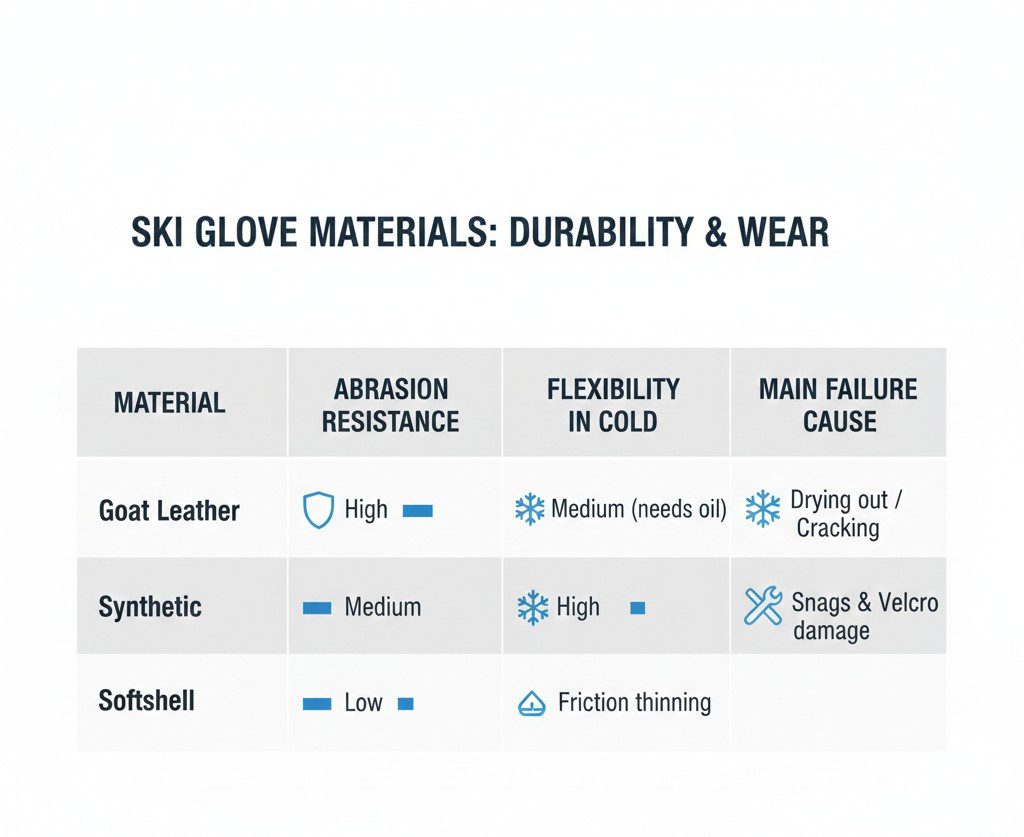 Comparison table showing how different materials affect why ski gloves wear out so fast under heavy use