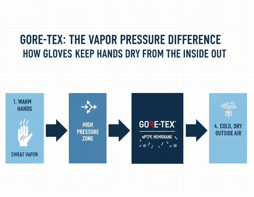 Flowchart of vapor pressure showing how Gore-Tex gloves keep hands dry inside