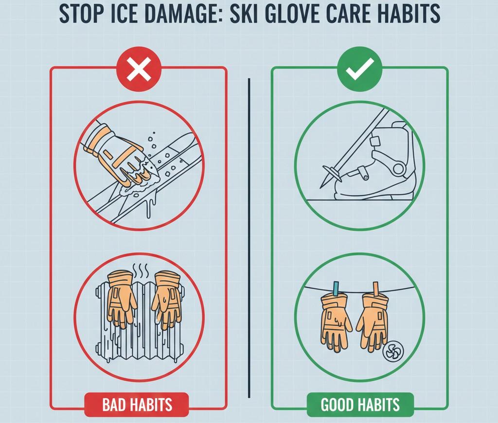 correct care habits to prevent snow and ice from damaging ski gloves