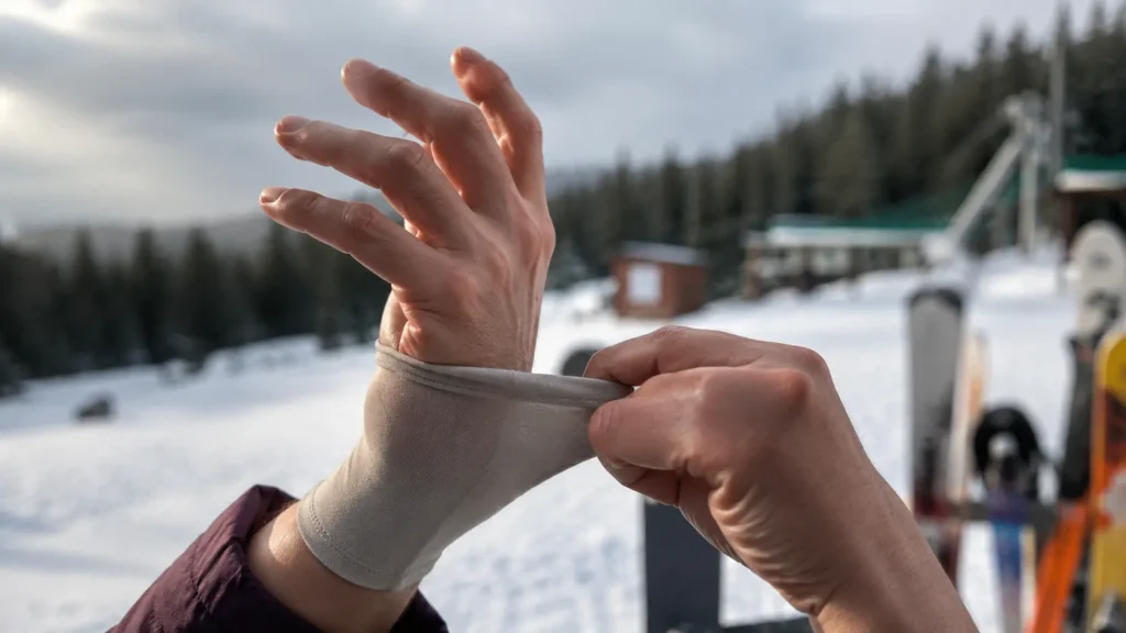 Ski glove allergy or irritation — close-up of hand pulling on a soft glove liner