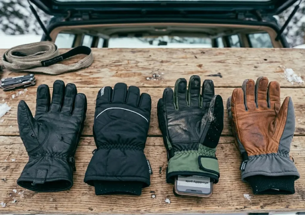 A lineup of affordable ski gloves being tested side-by-side for a buying guide