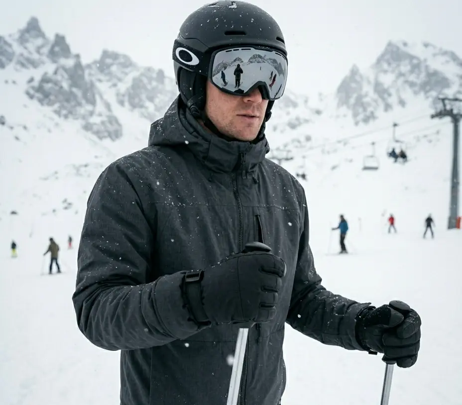 Skier on the mountain wearing the best ski gloves under $100 holding ski poles.