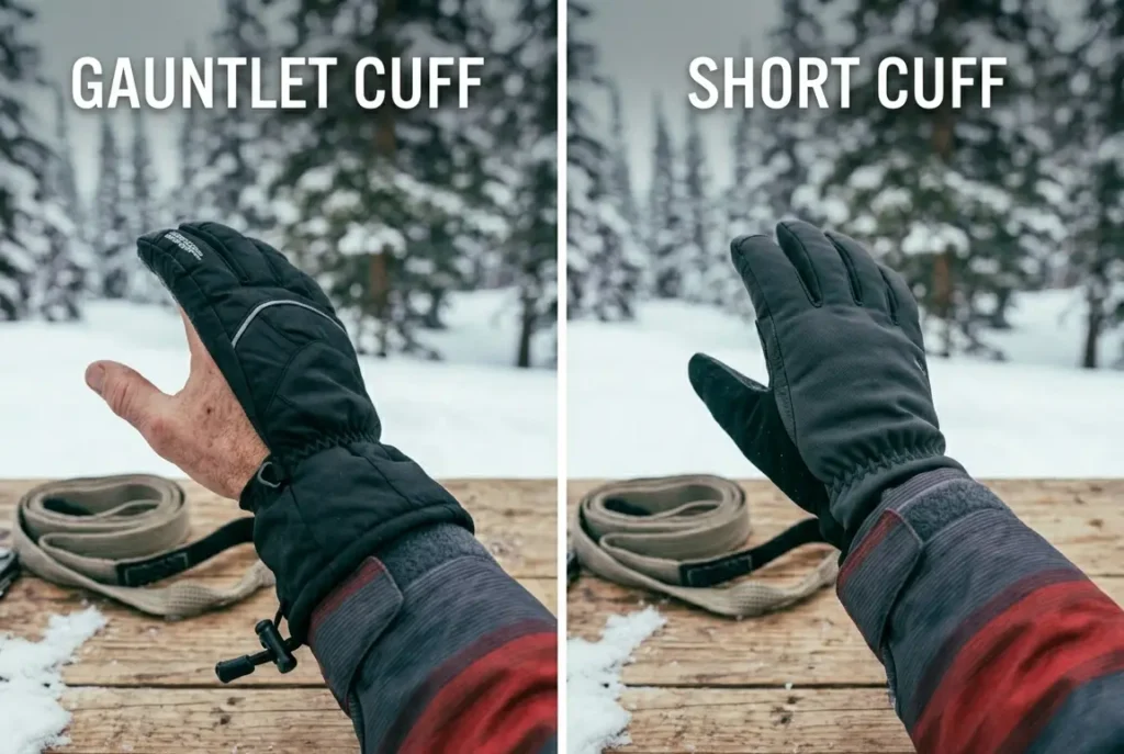 Comparing a gauntlet ski glove worn over the sleeve versus a short cuff glove worn under the jacket