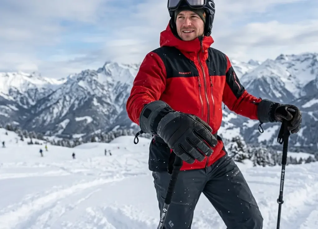 Skier wearing the best ski gloves for men on a snowy mountain