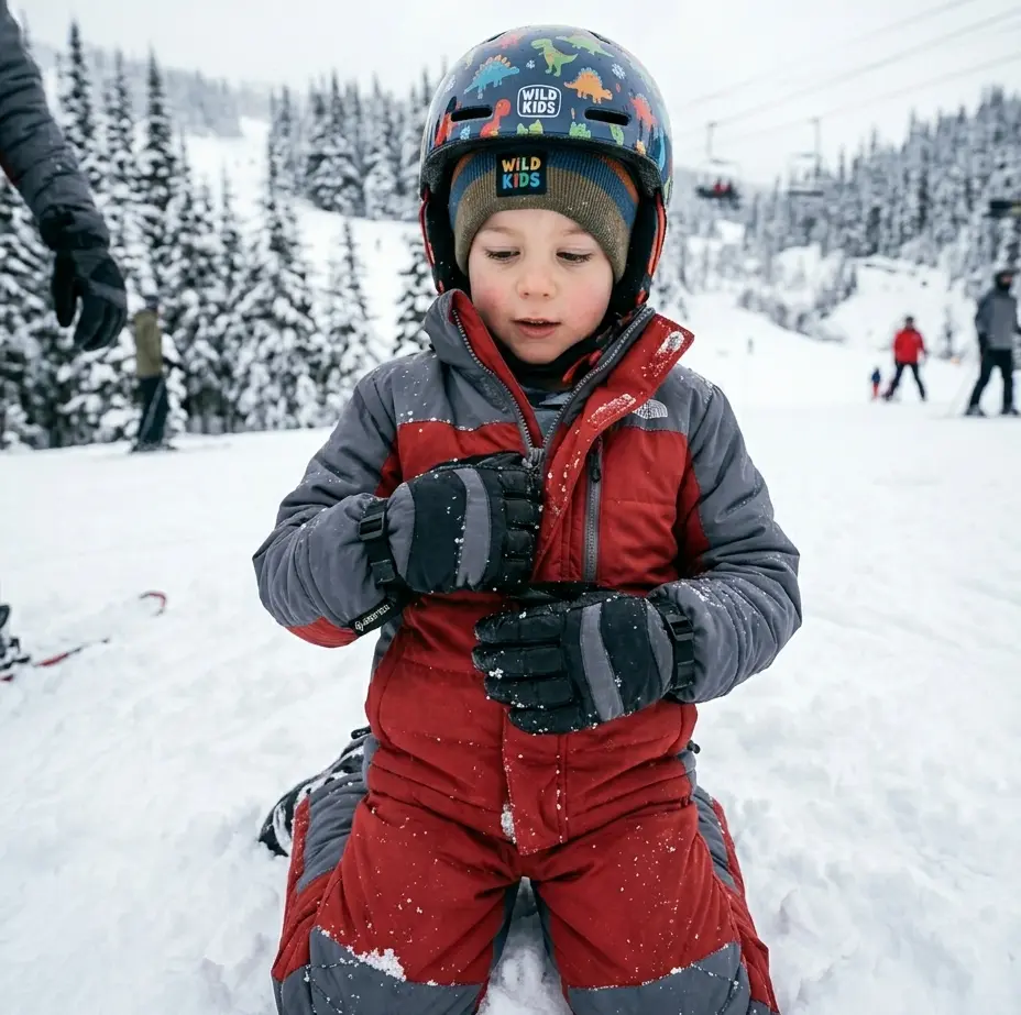 A child wearing the best ski gloves for kids while adjusting their jacket on the snow