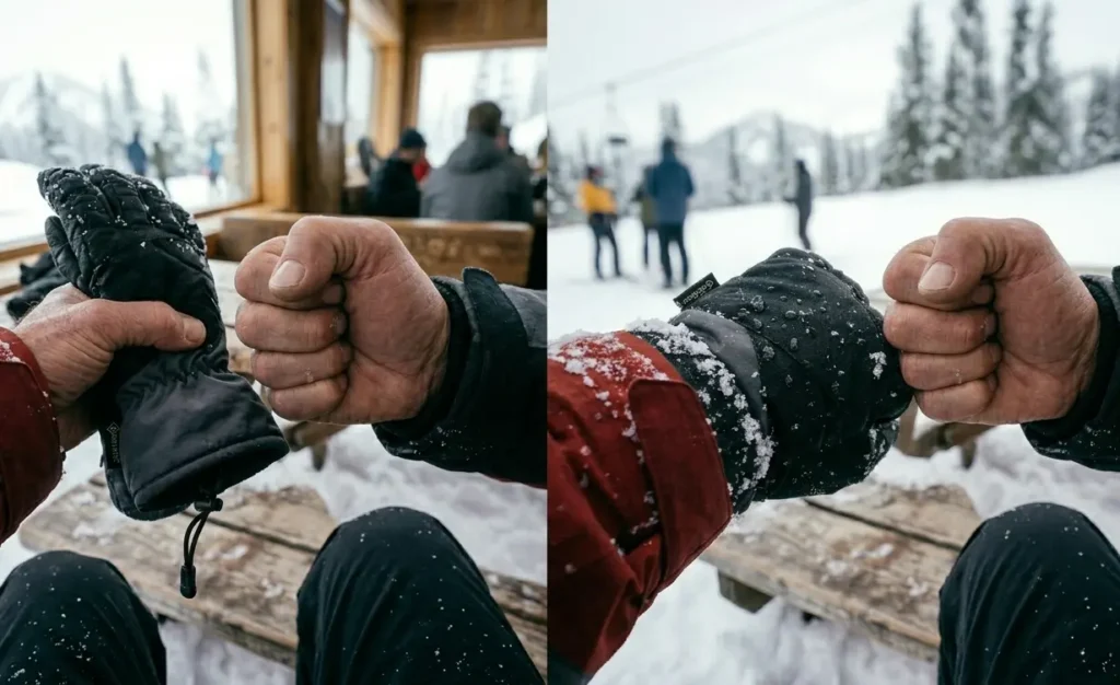 Flexing the pigskin palm of the Kinco 1927KW ski glove to show durability and pliancy after snow exposure