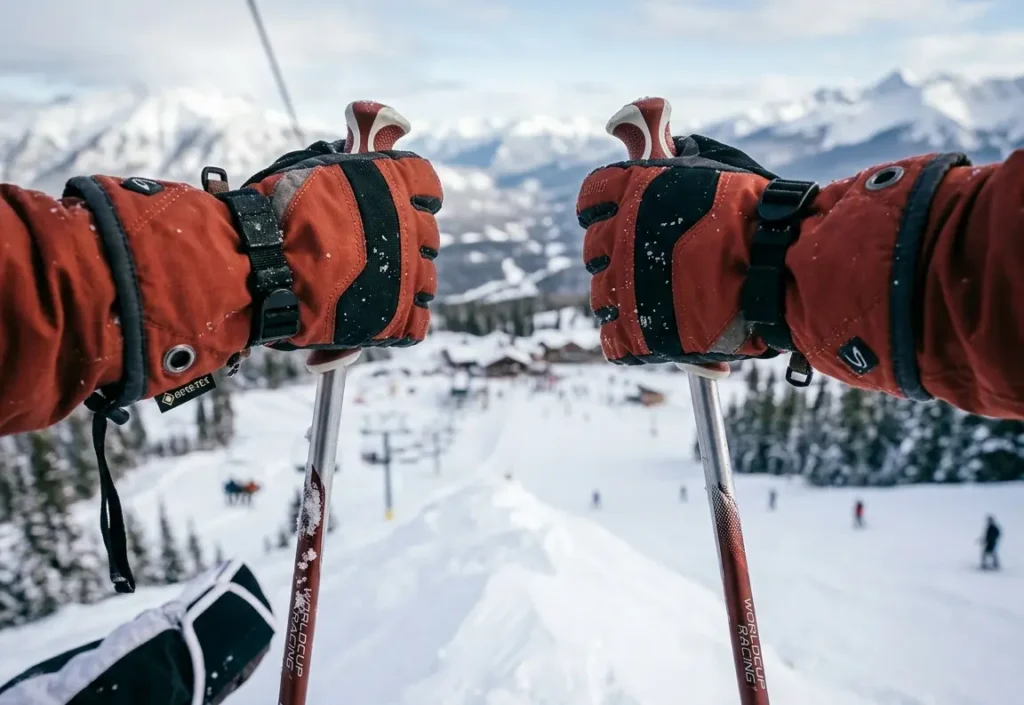 Skier gripping poles while wearing Outdoor Research Gore-Tex ski gloves