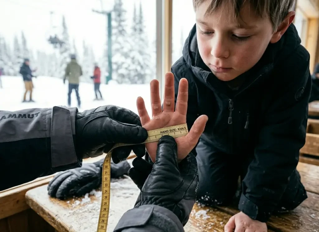 Testing the waterproof membrane of a kids ski glove under running water