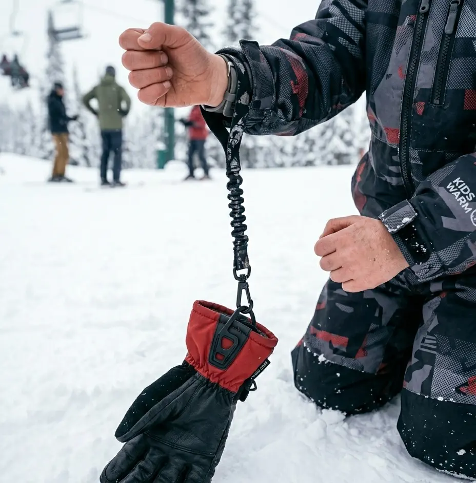  Using a wrist leash on kids ski gloves to prevent them from dropping on the mountain