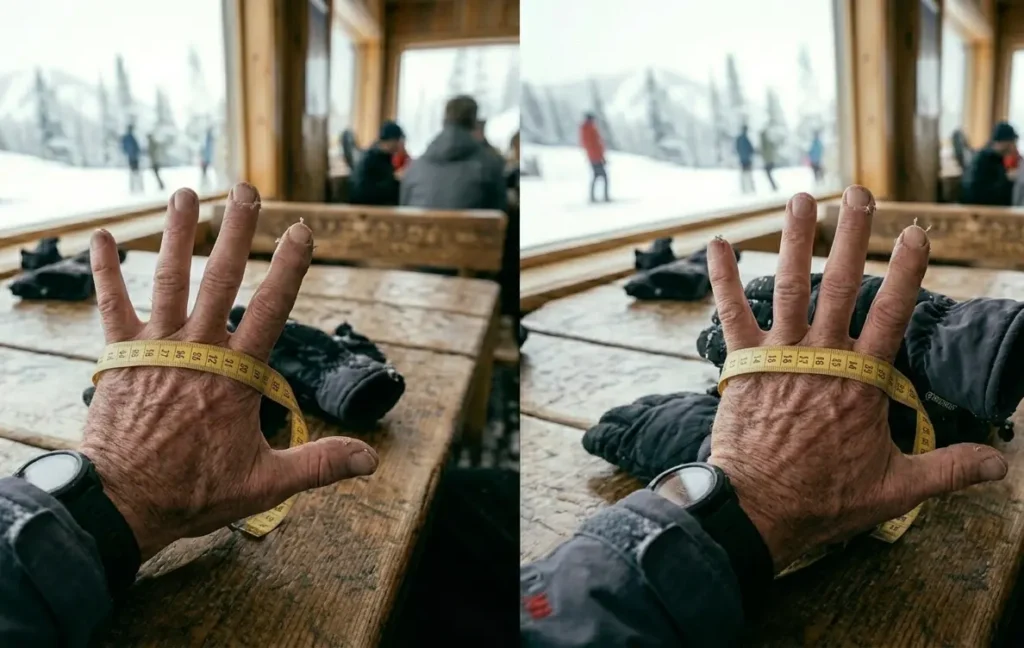 Measuring hand width with a tape measure to test the sizing accuracy of a $17 ski glove