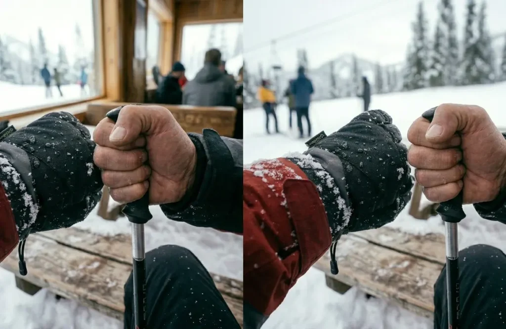 Gripping a ski pole to test the finger dexterity of a lightweight budget ski glove
