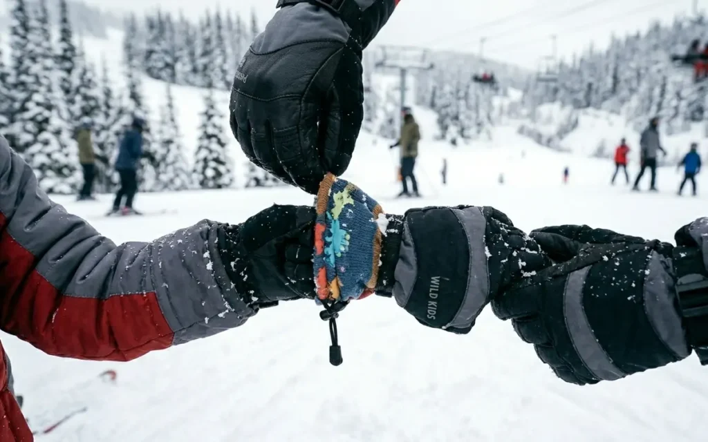 Adjusting the gauntlet cuff on a kid's ski glove to prevent snow from entering the sleeve