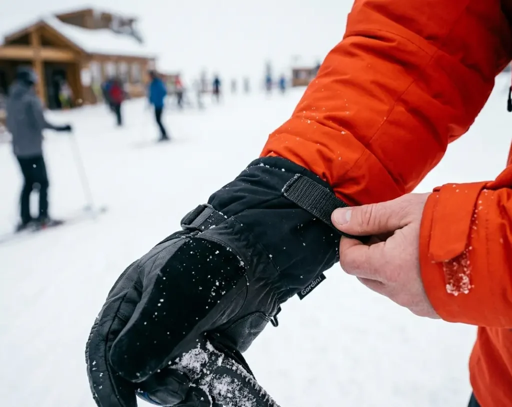 Cinching the gauntlet cuff of a Gordini Gore-Tex ski glove over a jacket sleeve