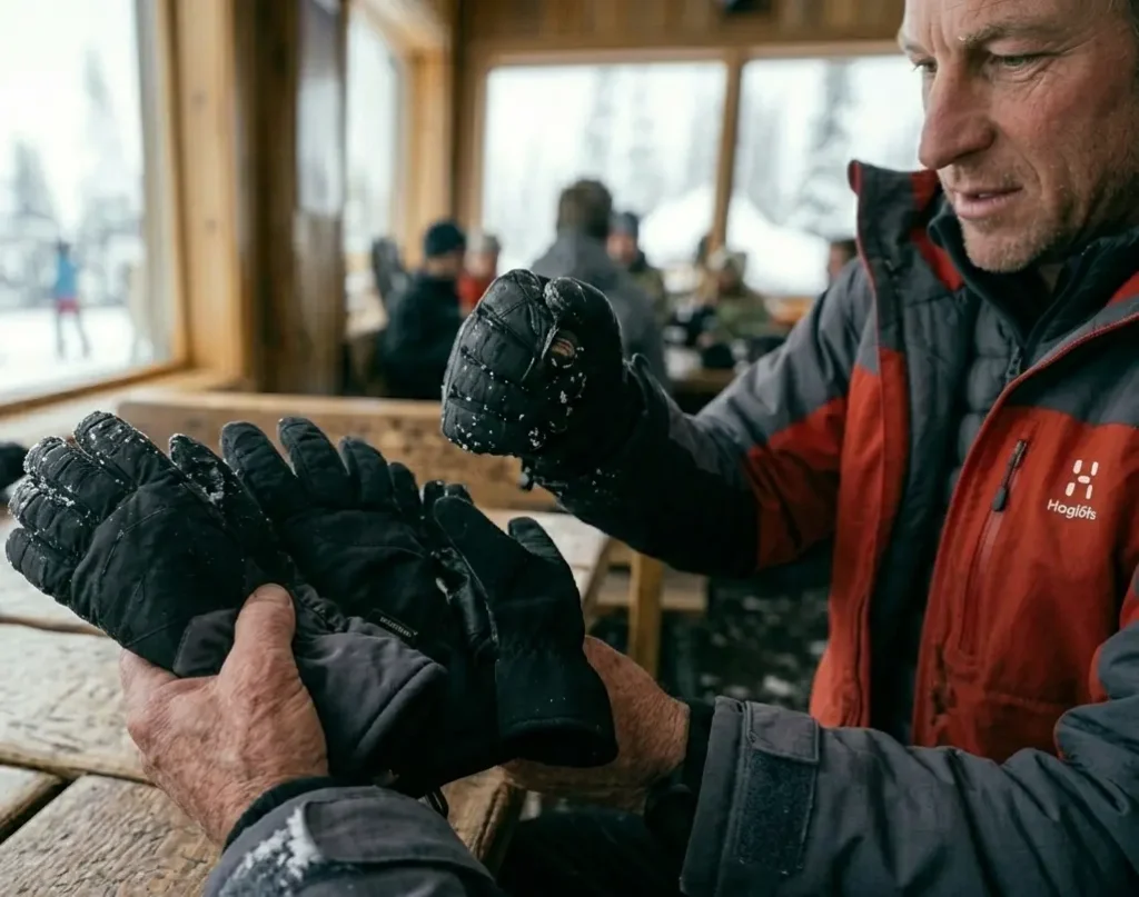 Skier's hands holding three pairs of the best ski gloves under $50 on a snowy bench to compare materials
