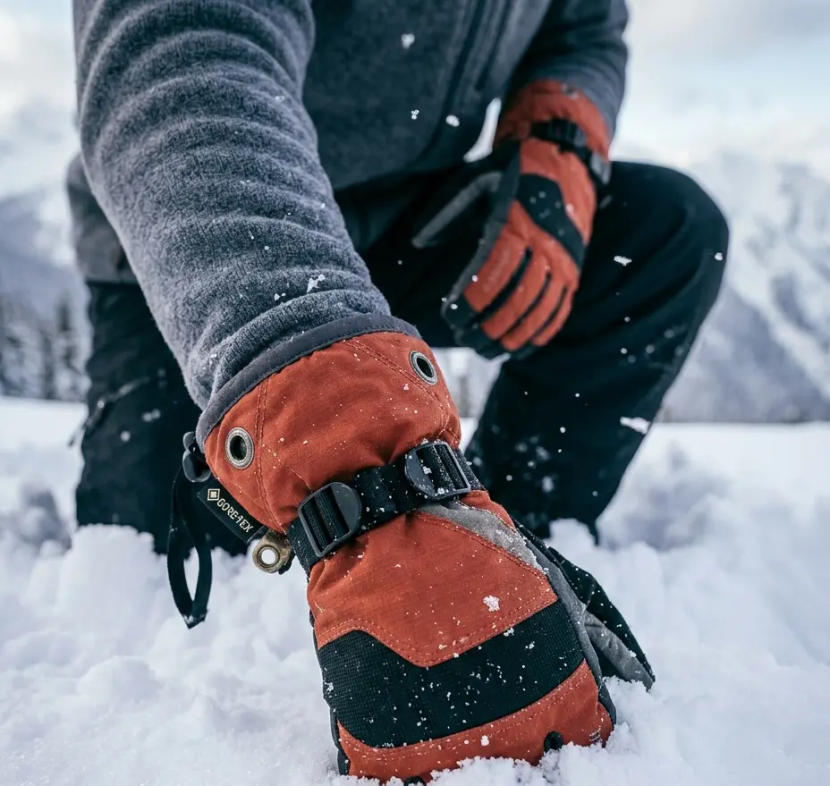 Burton women's Gore-Tex glove showing reinforced palm durability while adjusting bindings