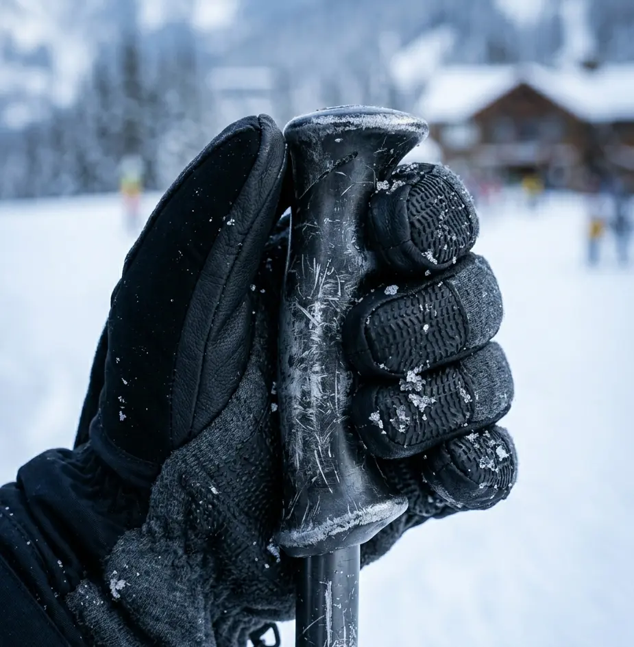 Gripping a ski pole with a textured rubber ski glove palm