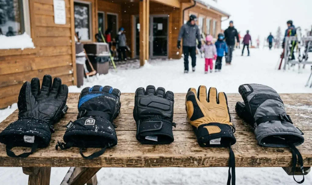  A lineup of five different men's ski gloves resting on a snowy wooden bench