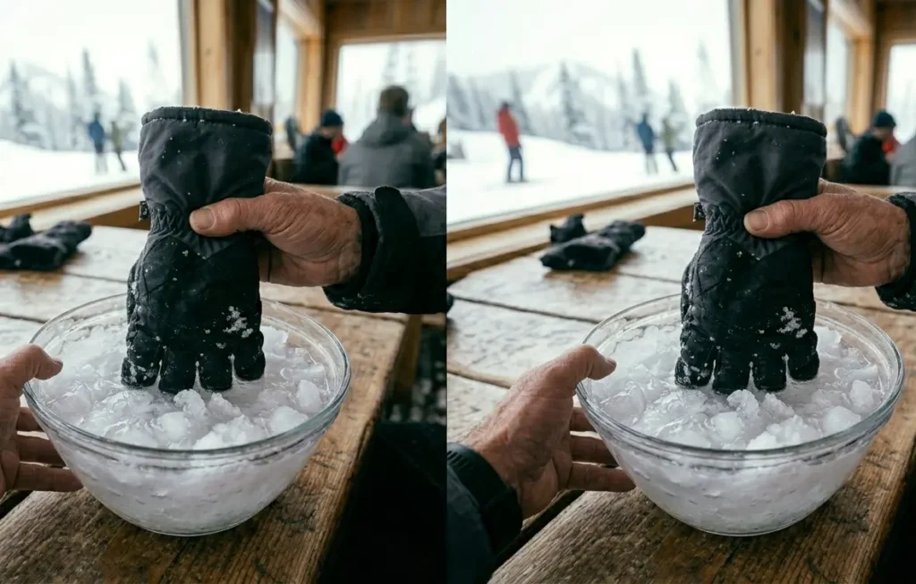 Submerging a budget ski glove in slushy water to test the limits of DWR and membrane waterproofing