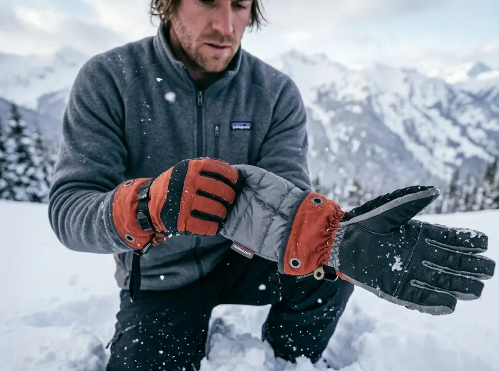 Removing the inner insulation liner from a Black Diamond Mercury Mitt in the snow