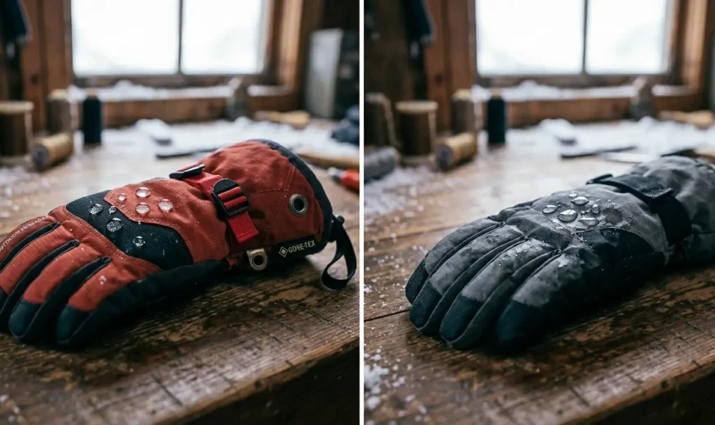 Water beading test showing the difference between Gore-Tex and DWR ski glove materials